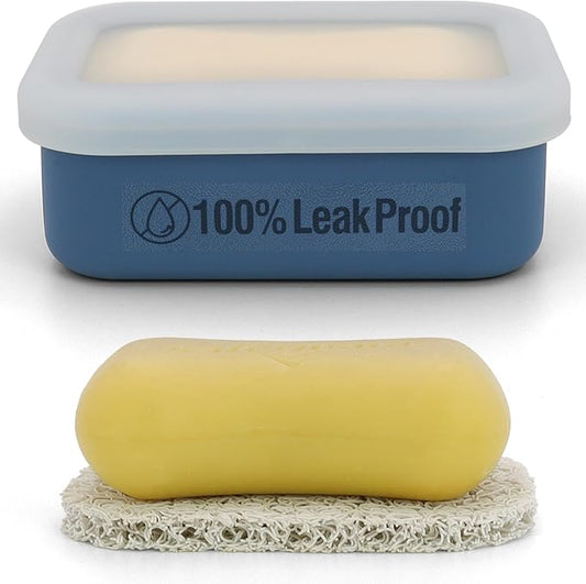 Compact Leakproof Travel Soap Case, Silicone Travel Soap Container, Portable Soap Box with Drainage Layer, Shatterproof Soap Holder for Bathroom, Gym (Blue)