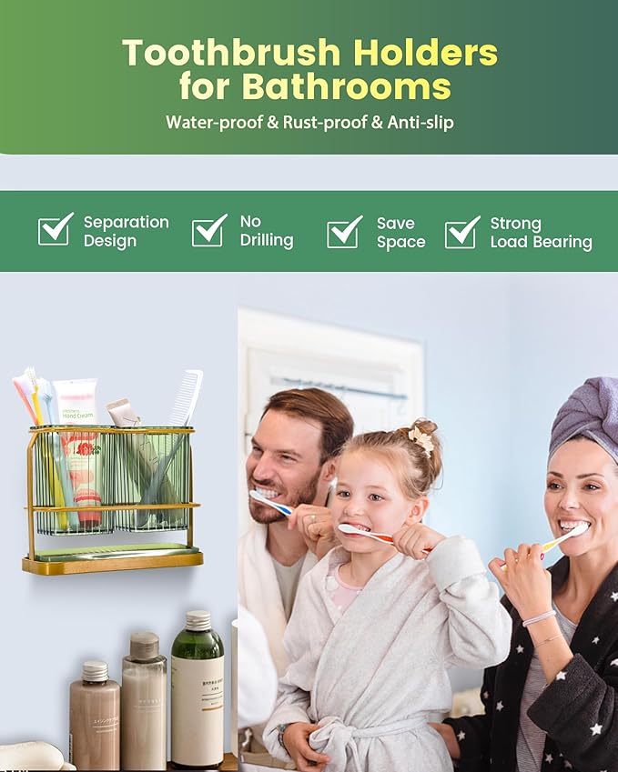 KONE Green Toothbrush Holders for Bathrooms, 2 Cups Toothbrush Holders Wall Mounted, Dry & Wet Separation, Bathroom Organizers and Storage, Bathroom Toothbrush Holder Set for Family Kids