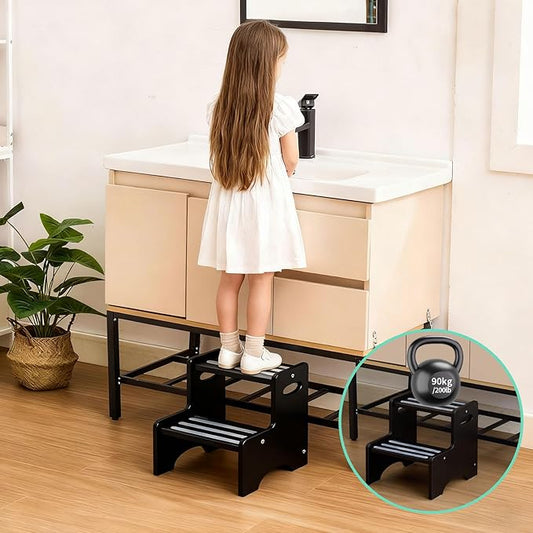 Wooden Step Stool for Kids, Toddler 2 Step Stool with Non-Slip Pads & Handles, Heavy Duty Potty Training Stool for Bathroom Sink, Toilet, Kitchen, Bedroom (Black)