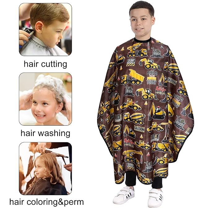 Hair cutting Capes for Kids Waterproof Salon Capes Shampoo Capes for Boys Girls Children - 39"× 51" (Construction Vehicle)