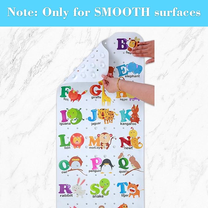 Bath Mat for Tub Non Slip, Machine Washable Anti-Slip Cartoon Baby Bathtub Shower Mat with Drain Holes and Suction Cups for Toddler & Kids (40 Inch x 16 Inch-Rectangular, Alphabet and Animals)