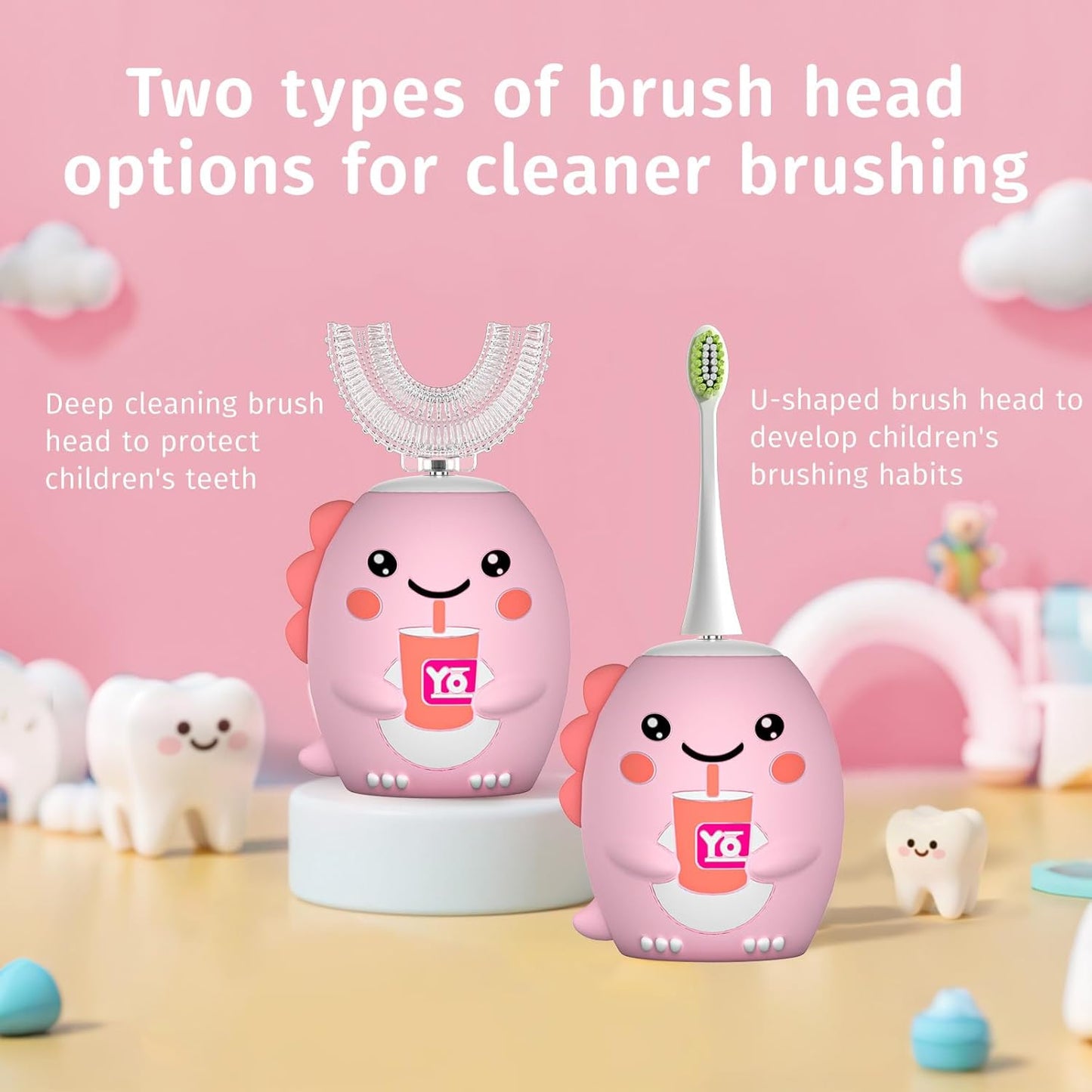 Kids U Shaped Electric Toothbrush，auto Sonic Baby Toothbrush，Cartoon Dinosaur 360-Degree Cleaning IPX7 Waterproof Design(8-15y, Pink)