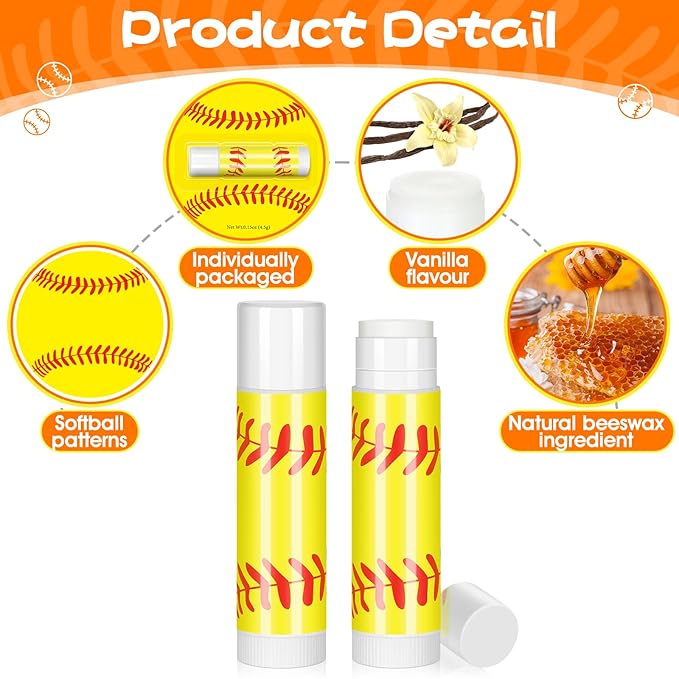 12Pack Softball Lip Balm for softball theme party Bulk Gifts,Beeswax Moisturizing Lip balm,Vanilla Flavor Plumping Chapstick for softball Team Girls kids Men Women Sports Lovers