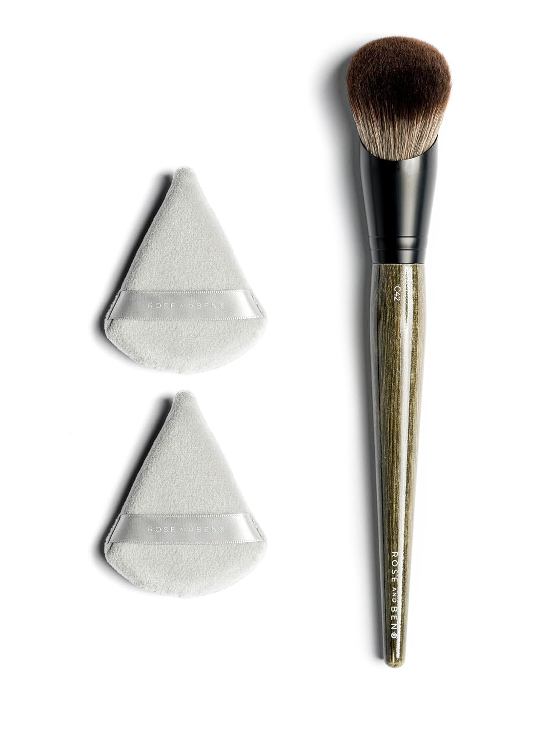 Rose and Ben Beauty C42 Foundation Brush & Setting Puff Bundle | Professional Makeup Tools for Flawless Liquid, Cream & Powder Application | Streak-Free Coverage & Precise Undereye Blending | Cruelty-