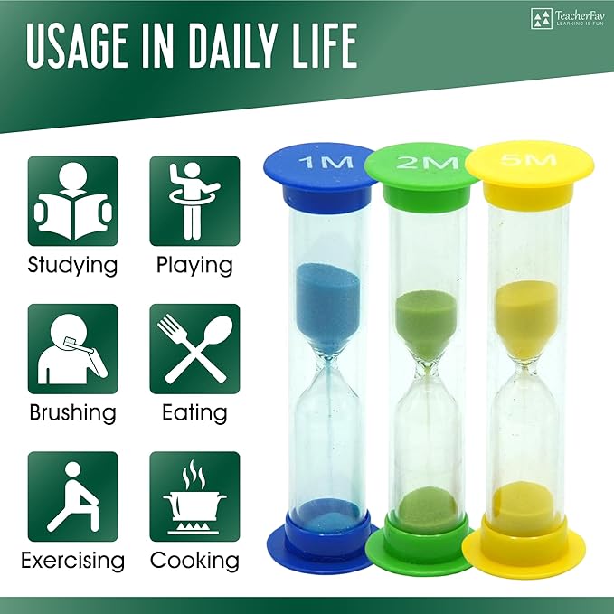 Sand Timer for Kids Set of 3 Small Colorful Hourglass Acrylic Covered Clock 1Min 2Min 5Min for Classroom, Home & Kids Room