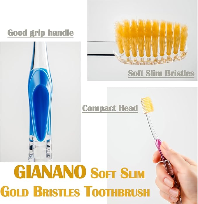 Soft Slim Gold Bristles Toothbrush for Sensitive Gums - Soft Slim Bristles, Compact Head, Toothbrushes for Adults / 8-Piece Set (Blue, Green, Pink, Violet x 2 Each)