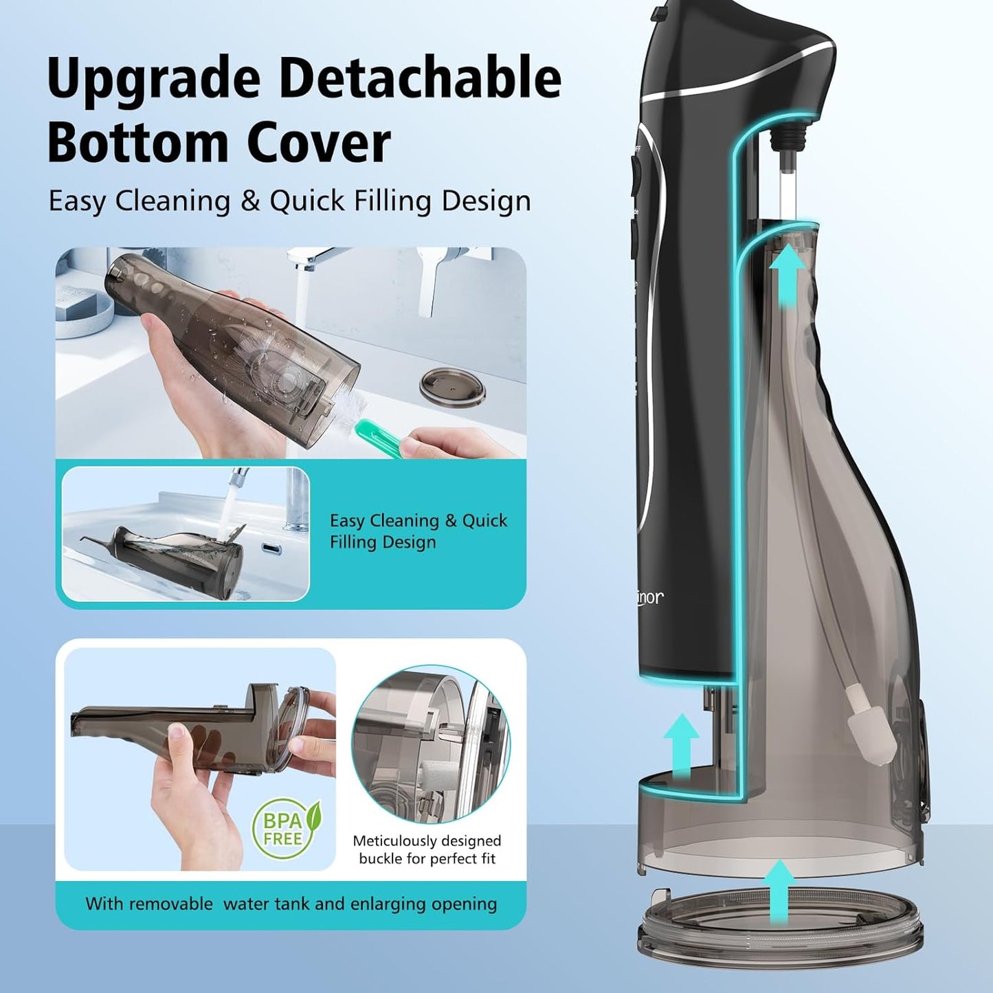 Leominor Water Flosser Pick for Teeth, 300ML Portable Oral Irrigator Upgraded Tank Removable,IPX7 Waterproof, Rechargeable Travel Teeth Cleaner, Professional Electric Flossing Machine (Black)