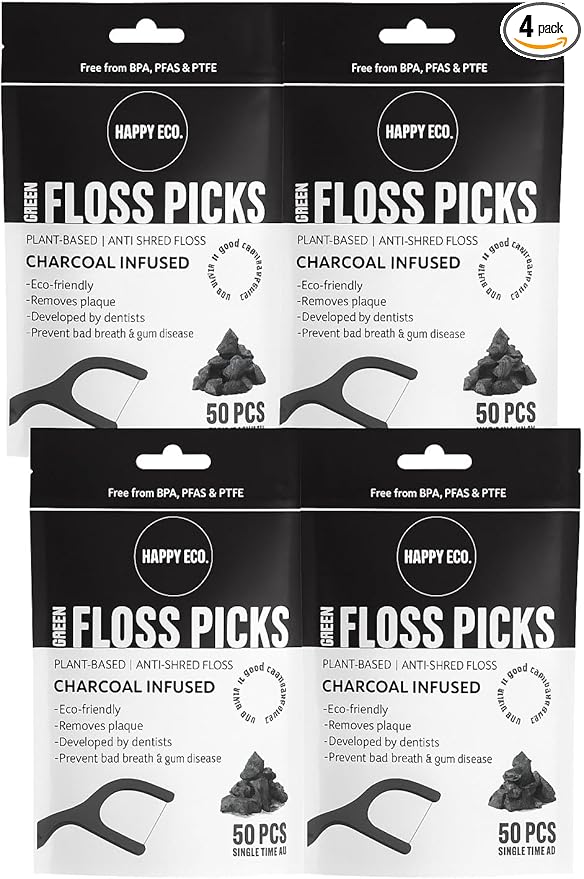 Dental Floss Picks (200pcs) - Flossers for Adults, Vegan Corn-Straw Handle, Superior Oral Care & Anti-Shred Thread, Dental Hygiene, Tooth Pick Sticks, Teeth & Gum Health (Charcoal, Single Thread)