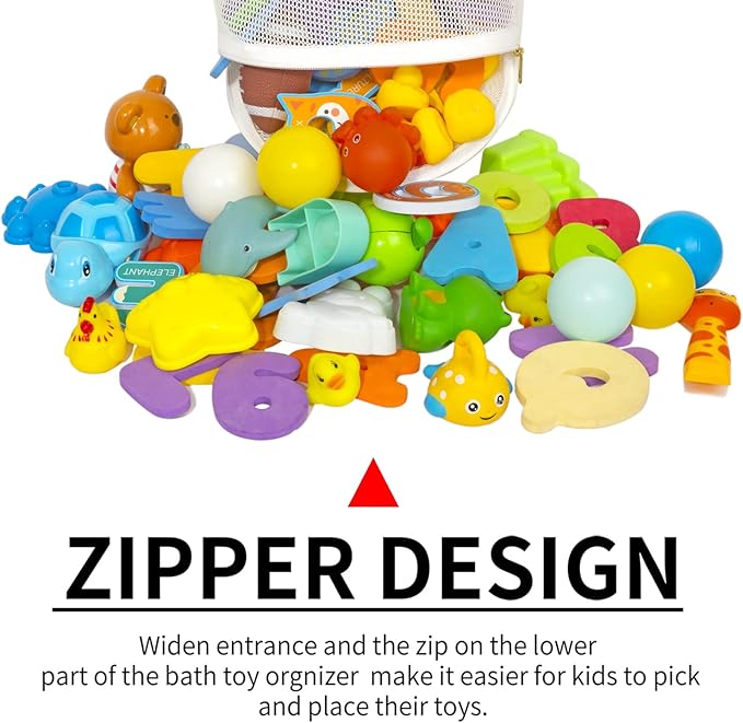 Large Capacity Baby Mesh Bath Toy Organizer, Multiple Ways to Hang, Extra Large Opening Bathroom Toy Storage, Bottom Zipper Bathtub Toy Storage Bag, Baby Shower Games bath Tub Accessory (White)