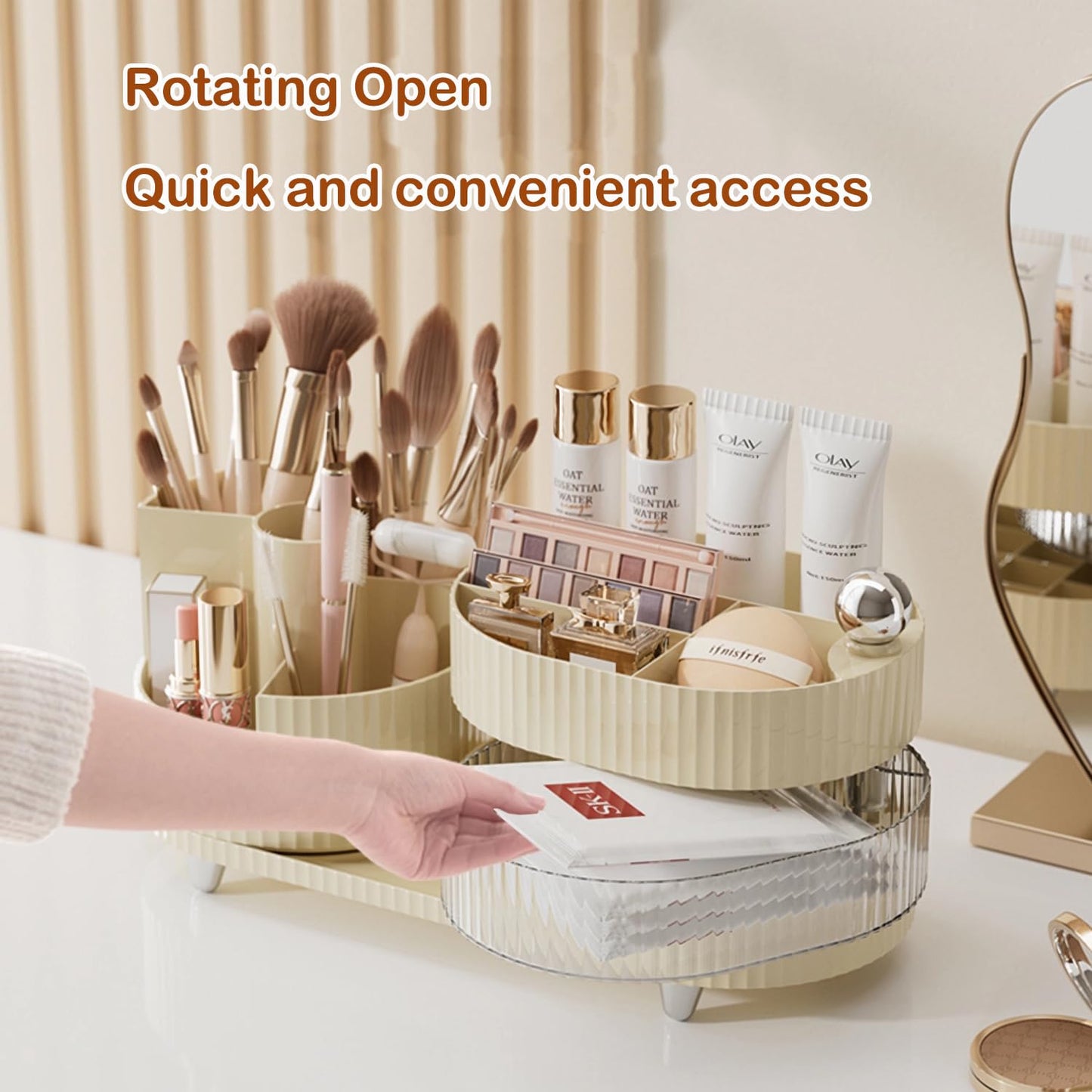 Makeup Organizer Countertop 360°Rotating Makeup Organizer for Vanity - Cosmetic Storage Holder with Makeup Brush Holder and Jewelry Storage (3 Tiers, Cream)