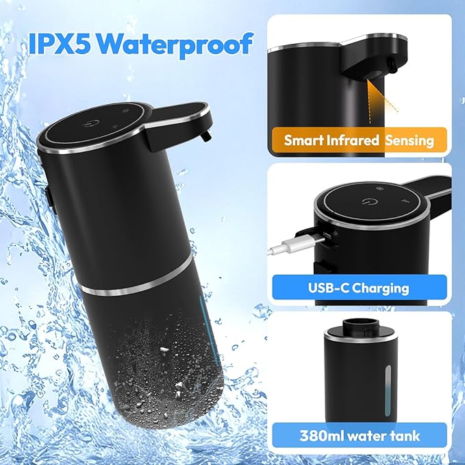 Automatic Soap Dispenser Touchless,Liquid Hand Soap Dispenser 12.8oz USB 4levels Adjustable Dispenser Electric Wall Mounted Smart for Bathroom and Kitchen Dish Soap，Easy for Toddlers(Black)