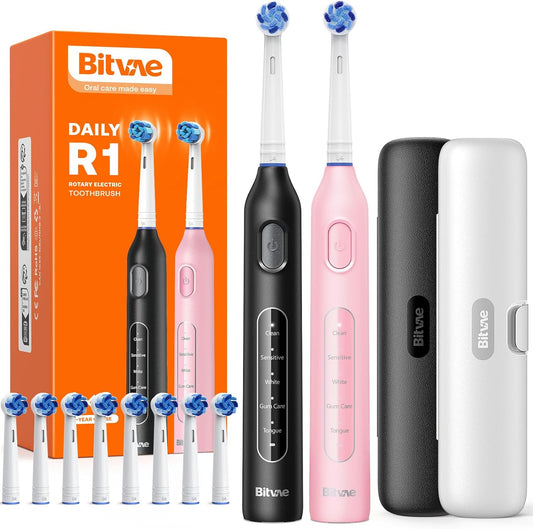 Bitvae Rotating Electric Toothbrush 2 Packs for Adults and Kids, 8 Brush Heads 60-Day Battery Life, 5 Modes Power Toothbrush with 2-Minute Smart Timer, Black & Pink, R1