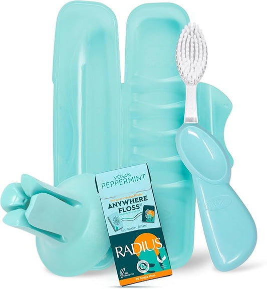 RADIUS Vacation Pastel Bundle, Includes Right Handed Big Brush with Replaceable Head, Toothbrush Travel Case, DOC Toothbrush Holder, Anywhere Travel Floss Packette, Mint Green, 4 Piece Bundle
