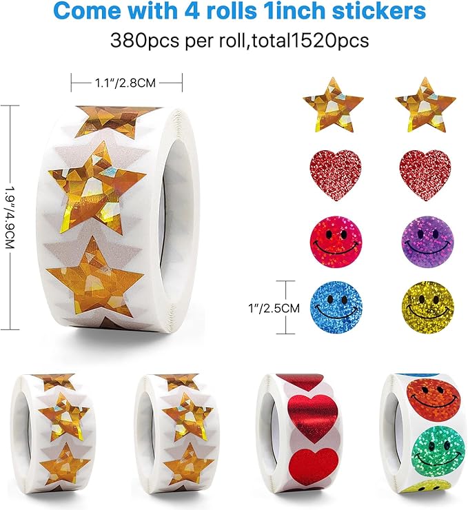 Manual Sticker Dispenser for Rolls of Stickers with 1520Pcs 1Inch Gold Star,Red Heart,Smiley Face Stickers for Kids Reward,Behavior Chart,School Classroom Student Teacher Supplies Gifts(Blue)
