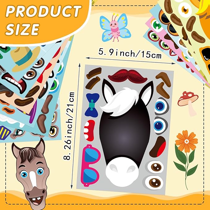 48 Sheets Make Your Own Horse Stickers for Kids Toddles, Make a Horse Face Stickers, Birthday Party Favors Supplies Crafts