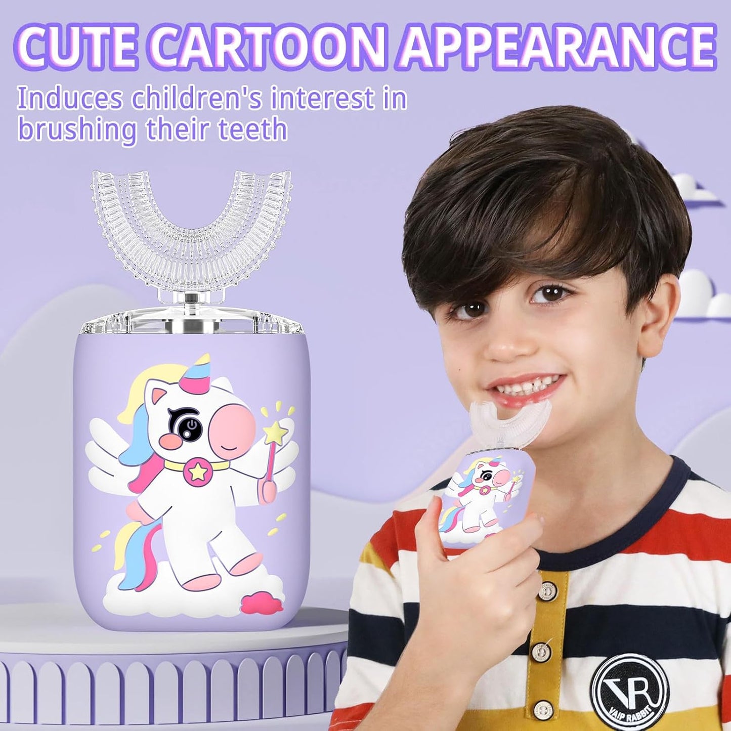 Kids Electric U Shaped Toothbrush Unicorn Rechargeable Sonic Toothbrush with 4 Soft Brush Heads with Kid Toothpaste IPX7 Waterproof - (Age 2-15, Purple)