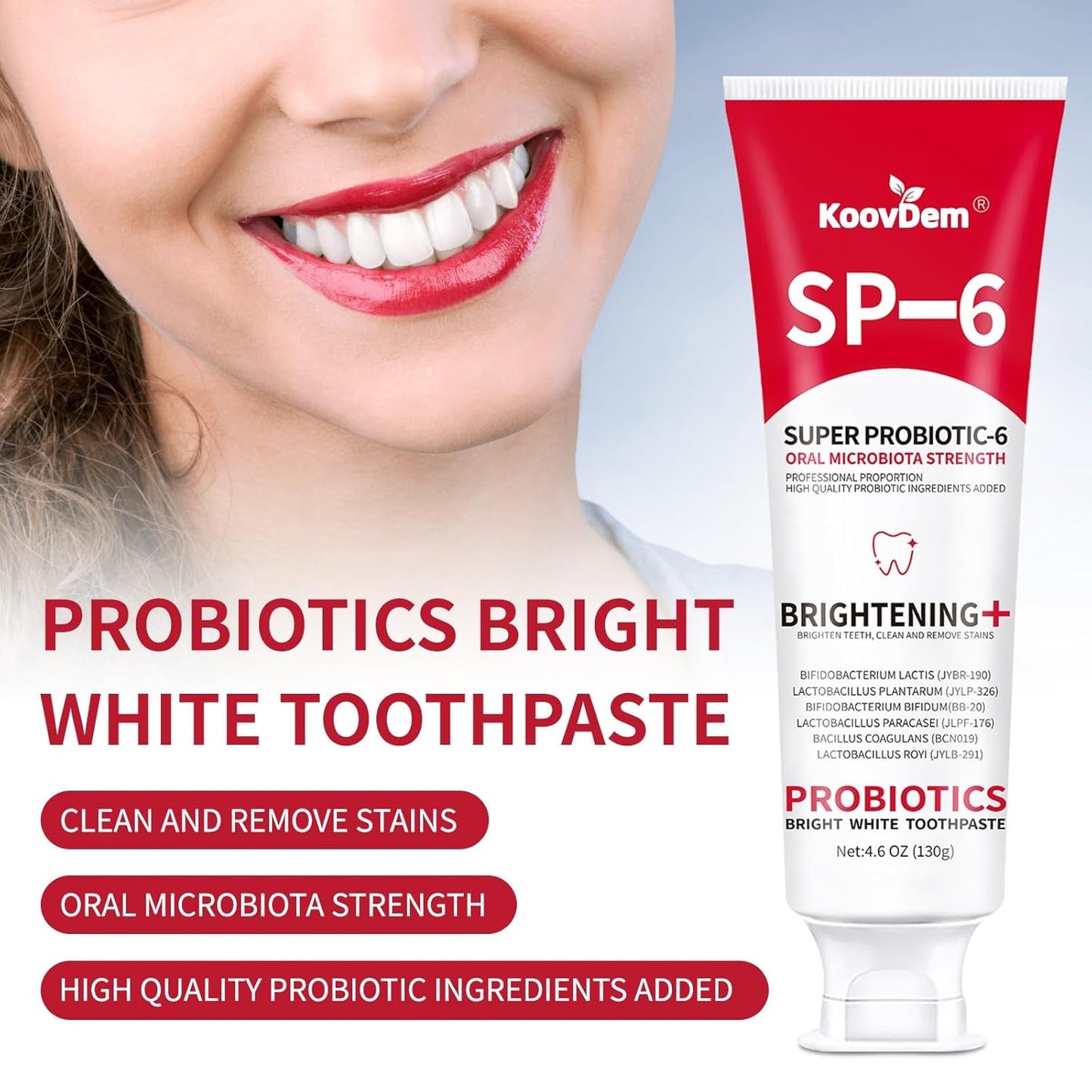 2025 New Sp-6 Probiotics Whitening Toothpaste-Fluoride-Free, Enhanced Formula with 6 Probiotics for Gum Care & Fresh Breath, Fresh Mint Flavor(1PC)（Red）