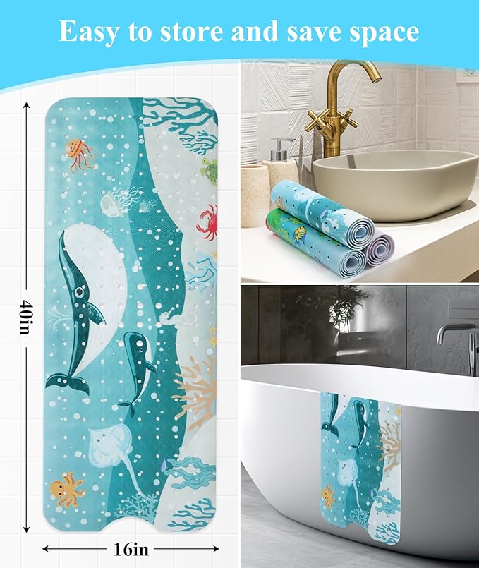 Bath Mat for Tub Non Slip, Machine Washable Anti-Slip Cartoon Baby Bathtub Shower Mat with Drain Holes and Suction Cups for Toddler & Kids, 40 Inch x 16 Inch, Whales