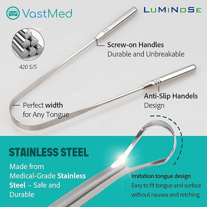 2 PCs Medical Grade Tongue Scraper by Vastmed | Stainless Steel Tongue Cleaner, Metal Tongue Scraper with Travel Bag | Tongue Scrubber for Bad Breath, Boost Oral Hygiene