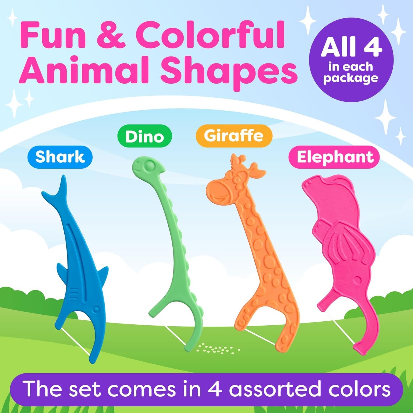 Kids Flossers 4 Pack (200 Count) – Fun Animal-Shaped Floss Picks for Kids, Bubble Gum Flavor, Easy Glide Between Teeth, Helps Prevent Tooth Decay & Gum Disease