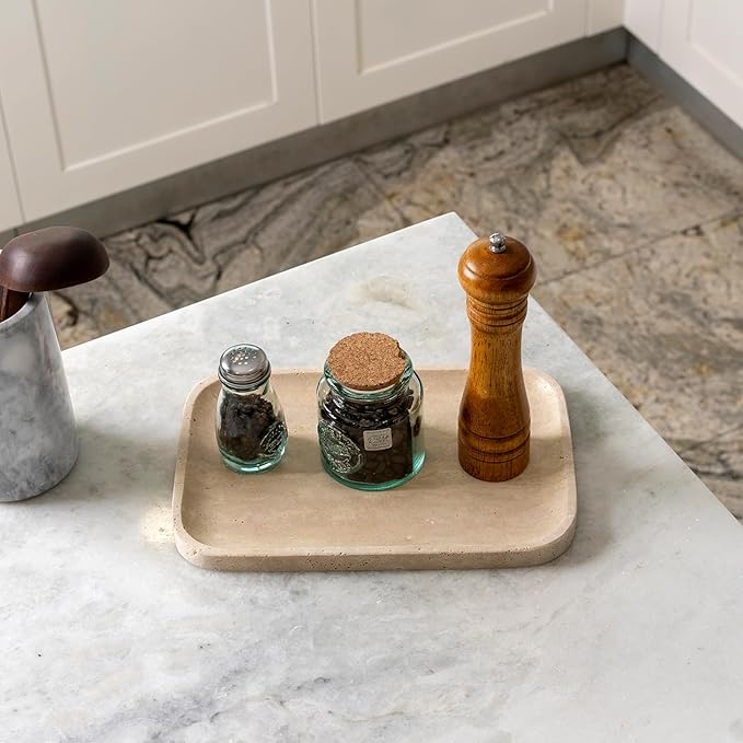 Koville Romano Travertine Tray, 12"x8" Natural Stone Vanity Tray for Countertop Bathroom Kitchen Dresser, Decorative Marble Catchall Trays for Perfume Jewelry, Rectangular Serving Tray(Beige)