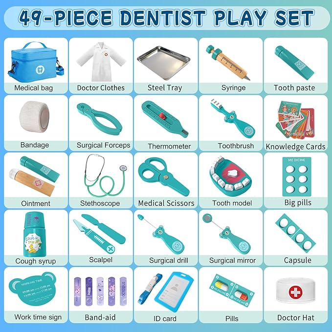 Doctor Kit for Toddlers 3-5, Wooden Kids Dentist Play Set, Doctor Play Set Pretend Play Toys for Toddlers , Realistic Wooden Medical Kit Role Play Set, Gifts for Boys Girls 3+ Years