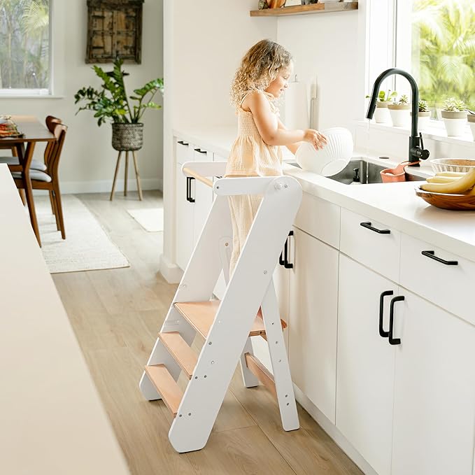 Comfy Cubs Kids Step Stool for Ages 3+, 3 Height Adjustable Toddler Tower, Montessori Furniture Designed in The US - Toddler Standing Tower for Kitchen Sink & Bathroom Access - White