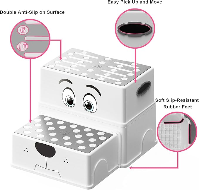 UNCLE WU 2 Step Stool for Kids & Toddlers - Anti-Slip Potty Training Stool for Bathroom Sink, Toilet & Kitchen, 150 lbs Capacity, Lightweight & Sturdy (Grey)