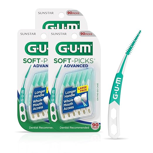 GUM Soft-Picks Advanced, Easy to Use Dental Picks for Teeth Cleaning and Gum Health, Disposable Interdental Brushes with Convenient Carry Case, Dentist Recommended Dental Picks, 90 Count (Pack of 3)