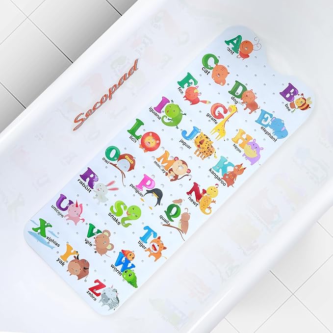 Bath Mat for Tub Non Slip, Machine Washable Anti-Slip Cartoon Baby Bathtub Shower Mat with Drain Holes and Suction Cups for Toddler & Kids (40 Inch x 16 Inch-Rectangular, Alphabet and Animals)