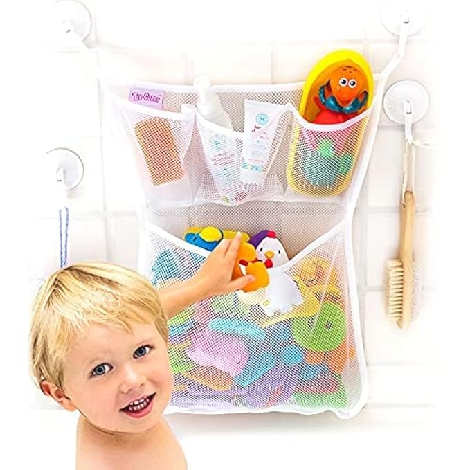 Tub Cubby Bath Toy Storage Organizer | 14"x20" Mesh Shower Caddy | Suction Cup & Adhesive Hooks | Toy Storage Net Organizer | Kids Bathroom Decor, Bedroom & More | Extra Hooks