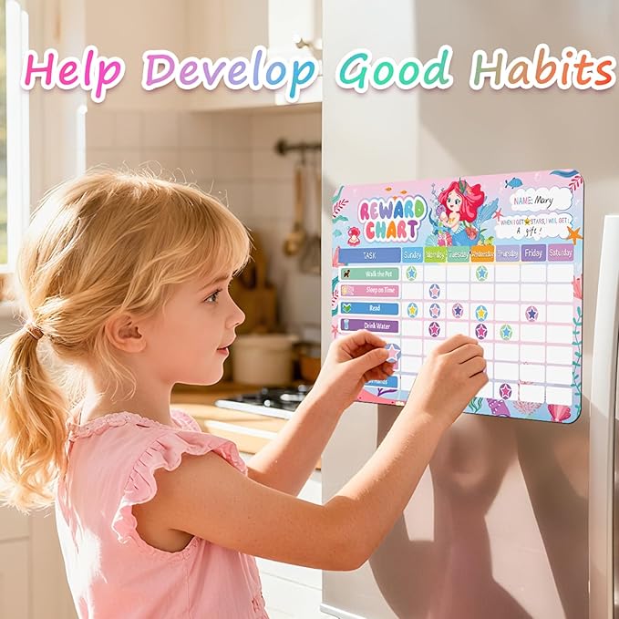 Magnetic Reward Chart for Kids, Mermaid Design Chores Chart for Kids Dry Erase Behavior Chart for Children at Home with 52 Chore Charts &120 Star Stickers Responsibility Chart for Kids Toddlers