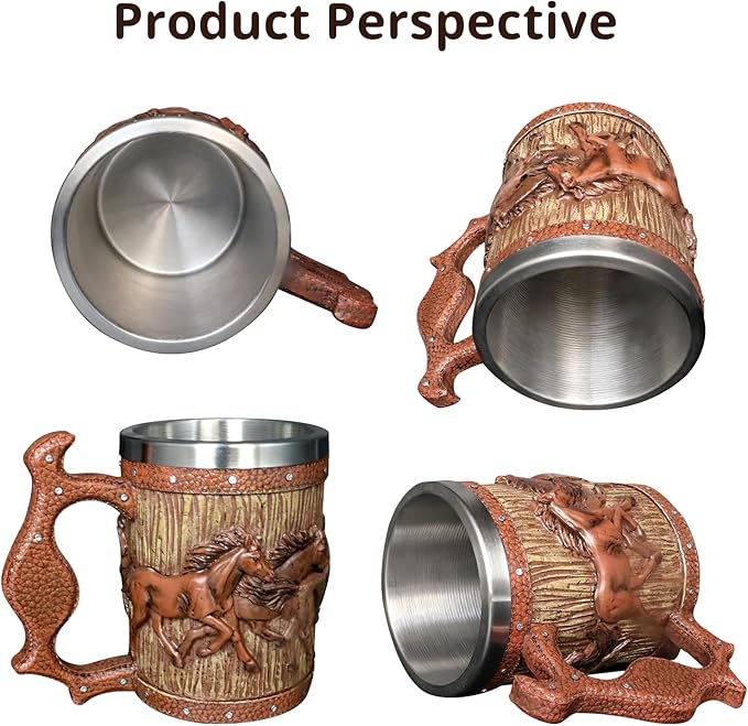Wooden Barrel Beer Mug, 20oz Stainless Steel Horse Mug Coffee Cup Horses Gifts for Women Men Gift for Birthday Christmas, Gothic Decor Party Decoration Drinkware Gift