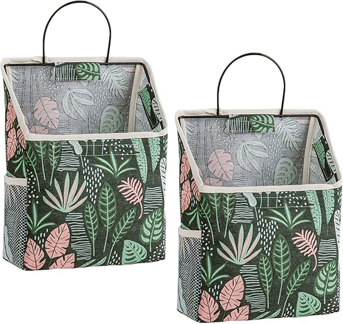 2 Pcs Wall-hanging Storage Bags,Desktop Organizer Basket Cotton Linen Hanging Storage Basket for Kitchen,Bderoom,Living Room-Plant