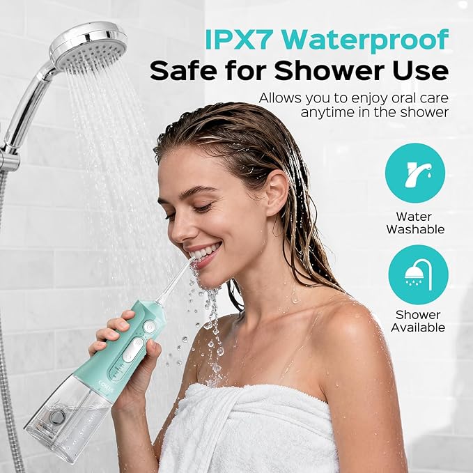 COSLUS Portable Water Flosser for Teeth: 3 Modes & 6 Pressure Settings with Jet Mode Water Dental Pick for Orthodontic, Braces, Sensitive Gums, Compact for Travel, 300ML for Multiple Users, Green C51