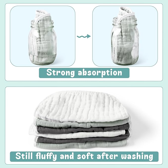 Zainpe 6Pcs Snap Muslin Cotton Baby Bibs White Grey Infants Drooling Bib Soft & Absorbent Adjustable Unisex Burp Cloths Feeding Cloth for Toddlers Girls Boys Newborns Eating Teething 0 to 24 Months