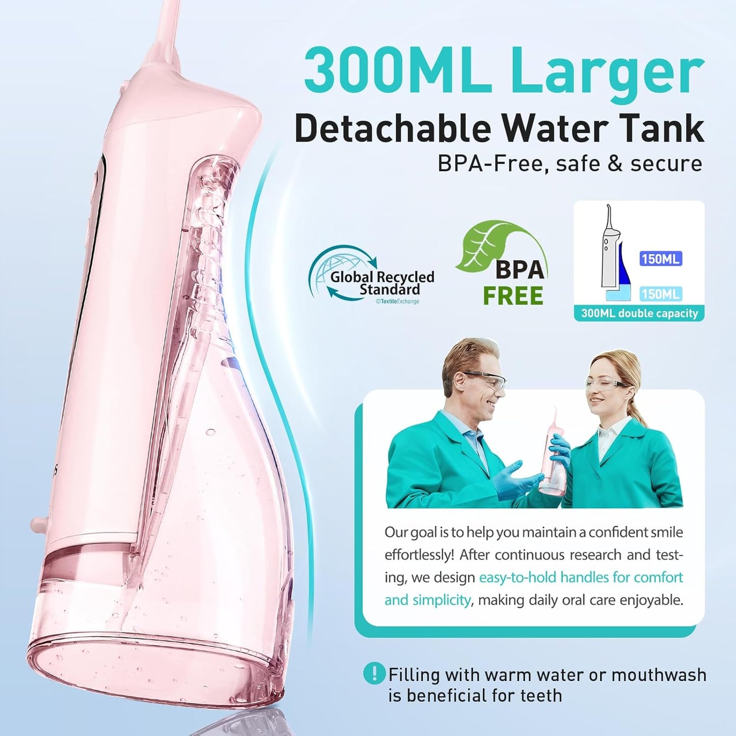 COSLUS Water Dental Flosser Teeth Pick: Portable Cordless Oral Irrigator 300ML Rechargeable Travel Irrigation Cleaner IPX7 Waterproof Electric Flossing Machine for Teeth Cleaning C20(F5020E) Pink