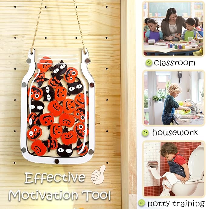 Magnetic Reward Jar for Kids, Classroom Reward System, Star Reward Jar, Incentive Good Behavior Responsibility Chart, Potty Training Rewards, Behavior jar for Boys Girls (Halloween)