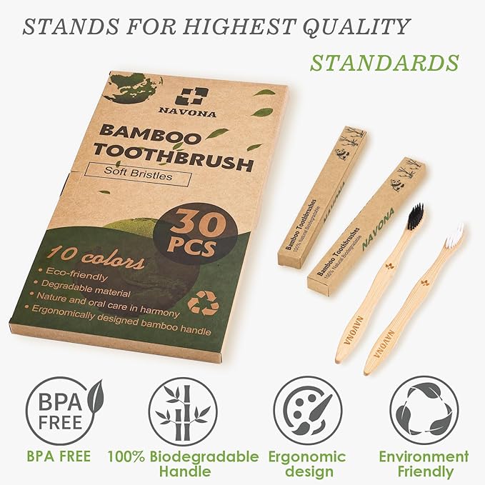Navona 30 PCS Bamboo Toothbrushes, BPA Free Soft Bristles Toothbrush for Adults, Box of Two Kids Bamboo Toothbrushes Pack, Eco-Friendly Natural Wooden Toothbrush Bulk