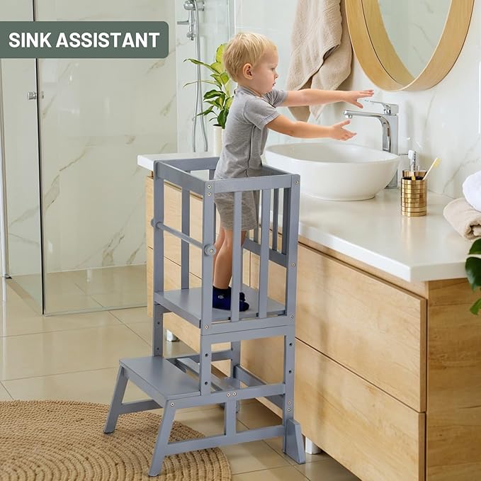 COSYLAND Toddler Standing Tower - Adjustable Height Toddler Kitchen Stool Helper - Kids Kitchen Step Stool for Learning with Removable Safety Railing Slate Gray