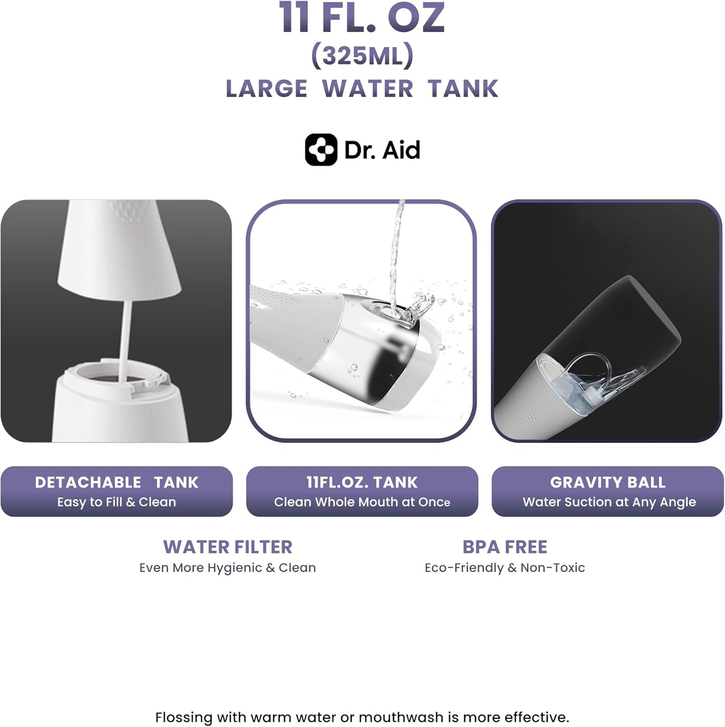 Dr. Aid Dental Water Flosser – Portable Oral Irrigator – 11Oz Tank, Water Filter, 5 Tips, Magnetic Charger – IPX8 Waterproof Cordless Water Flosser, Ideal Water Flossers for Teeth, Gums, Braces, White