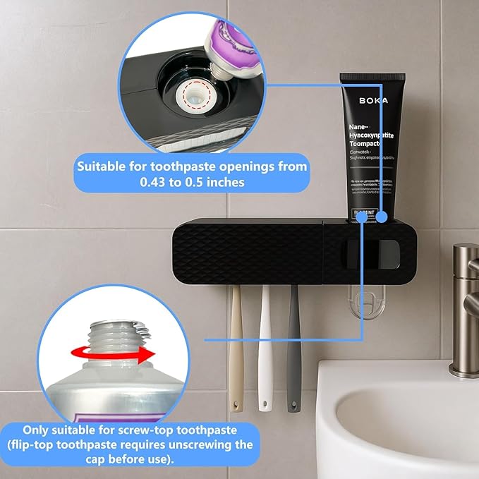 Smart Toothbrush Holder, Wall Mounted Toothbrush Holder with Toothpaste Dispenser, Drying Function and 3 Toothbrush Slots for Bathroom (Black)