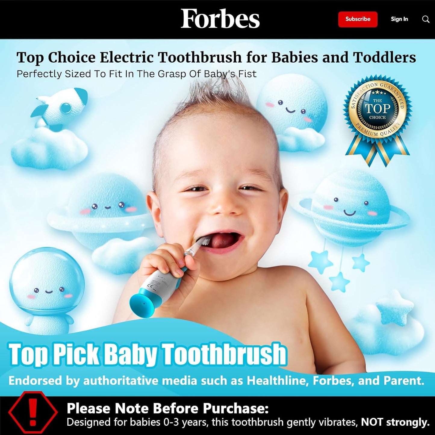 Toddler Electric Toothbrush Kids Age 1-2-3 Years Old, Infants & Baby Electric Toothbrush with Finger Tooth Brush, Cute Cover, LED Light, 2 Minutes Timer, 4 Brush Heads, Suction Cup (Blue Astronaut)