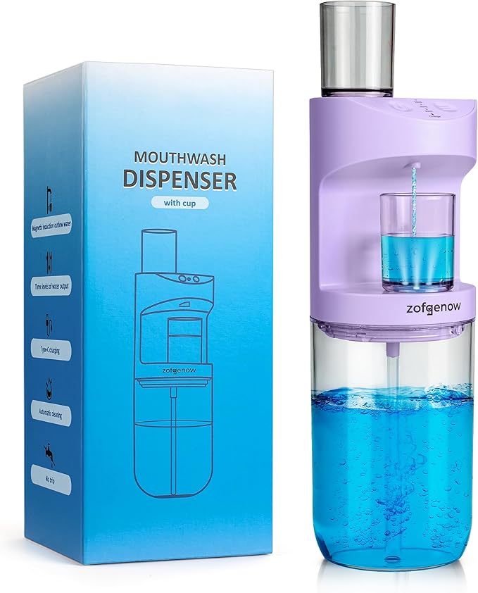 Automatic Mouthwash Dispenser for Bathroom,Bathroom Accessories 19.4 Fl Oz Dispensers with Magnetic Cups,Wall Mounted Dispenser,Suitable for All Age Groups,Purple