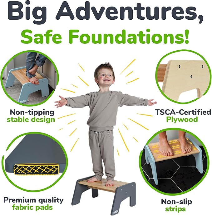 OCODILE 1-Step Wooden Step Stool for Toddlers | Kids Step Stool for Bathroom Sink, Kitchen, and Potty Training | Non-Slip Stool for Toilet Independence | Wooden Step for Children Ages 2+ Blue