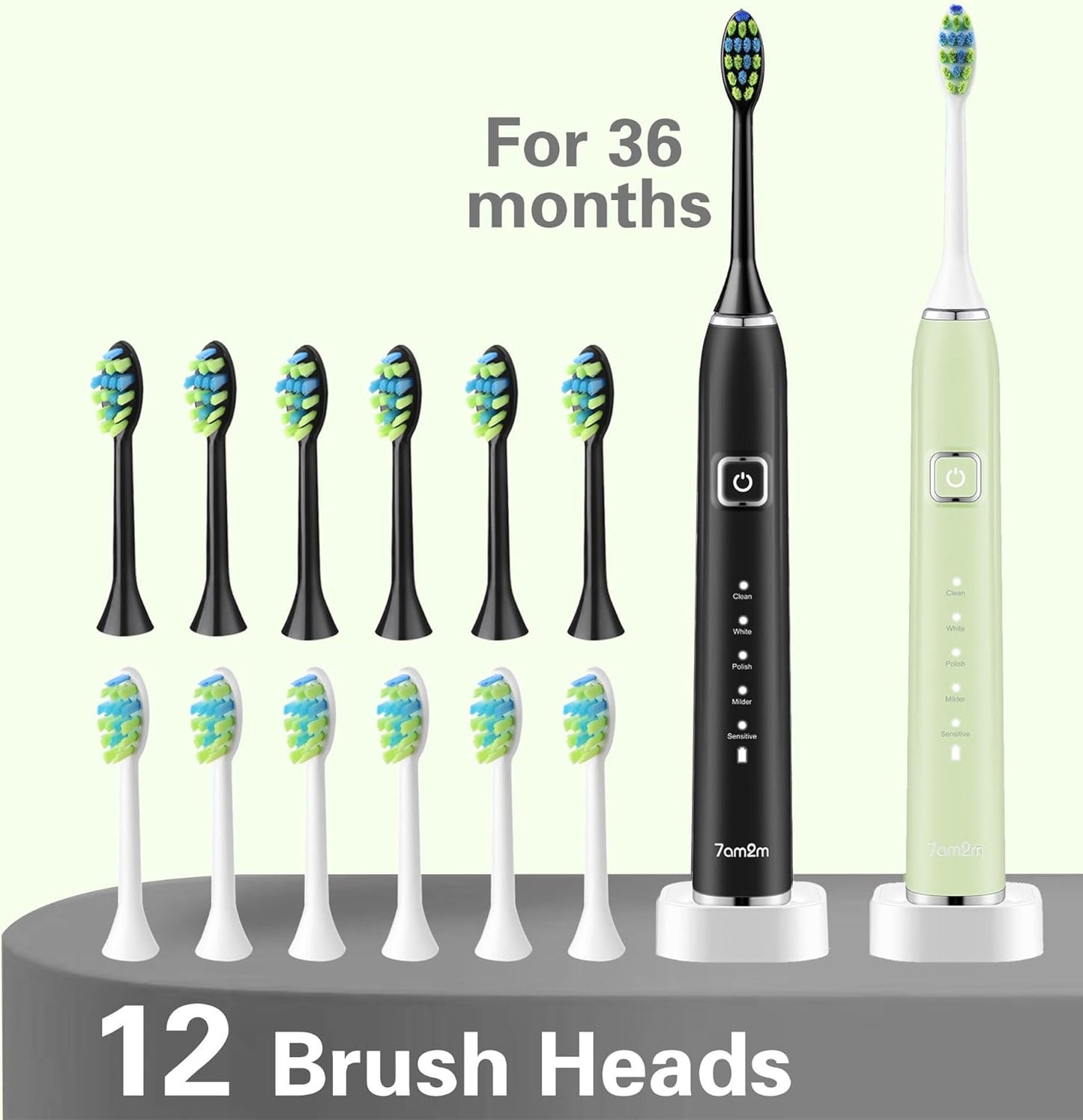 7AM2M Sonic Electric Toothbrush with 6 Brush Heads for Adults and Kids, One Charge for 90 Days, Wireless Fast Charge, 5 Modes with 2 Minutes Built in Smart Timer, Electric Toothbrushes(Green+Black)