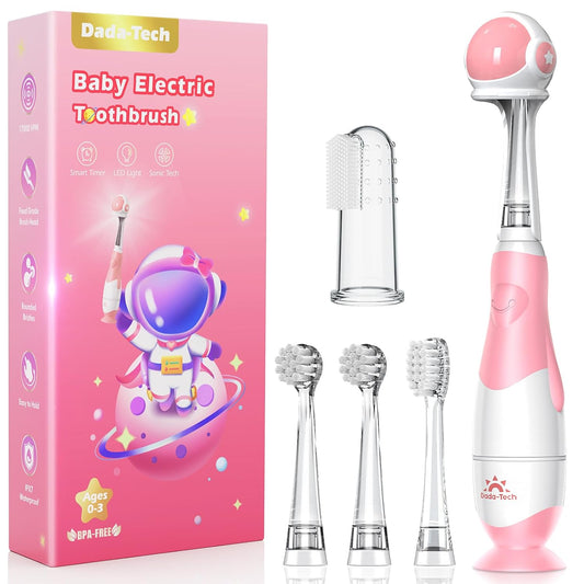 Toddler Electric Toothbrush Kids Age 1-2-3 Years Old, Infants & Baby Electric Toothbrush with Finger Tooth Brush, Cute Cover, LED Light, 2 Minutes Timer, 4 Brush Heads, Suction Cup (Pink Astronaut)