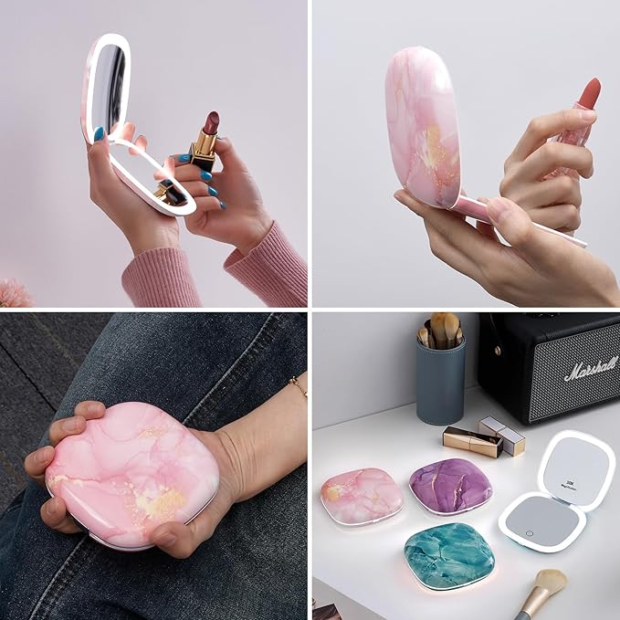 Mocado Compact LED Travel Makeup Mirror - 4 Inches 1X/10X Magnification Travel Mirror with Light Dimmable Double Sides Lighted USB Rechargeable Compact Mirror for Purse,Pocket,Travel(Pink Marble)