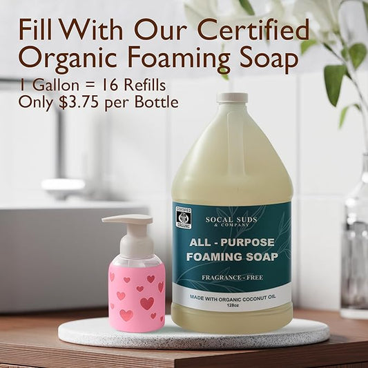 SoCal Suds & Company Glass Foaming Hand Soap Dispenser, Heart Silicone Sleeve, Refillable Pump Bottle for Kids, Baby Wash & Shampoo, Ideal for Home Use, Bright Pink 8oz