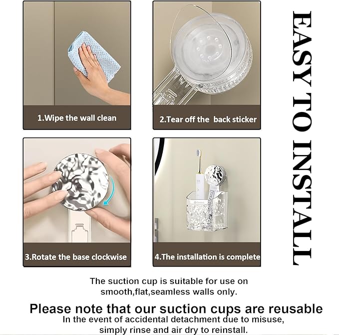 2 Pack Suction Cup Shower Caddy, Wall Mounted Suction Electric Toothbrush Holder for Bathroom, Clear Shower Rack with 2 Movable Hooks, Toothpaste and Razors Shower Organizer